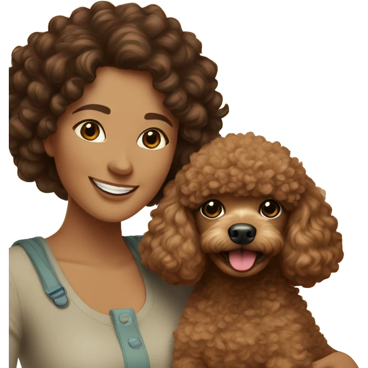 A mom with with brown curly hair and a brown daughter with black curly hair taking a photo and with the mom is holding a toy poodle dog  emoji