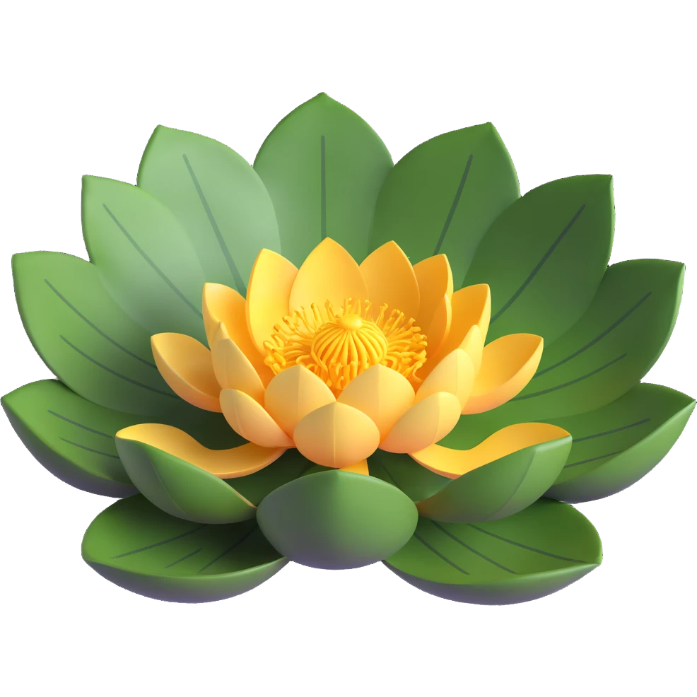 Detailed lotus flower with realistic lotus leaf - circular with characteristic notch, bowl-shaped with upturned edges and radial veining pattern emoji