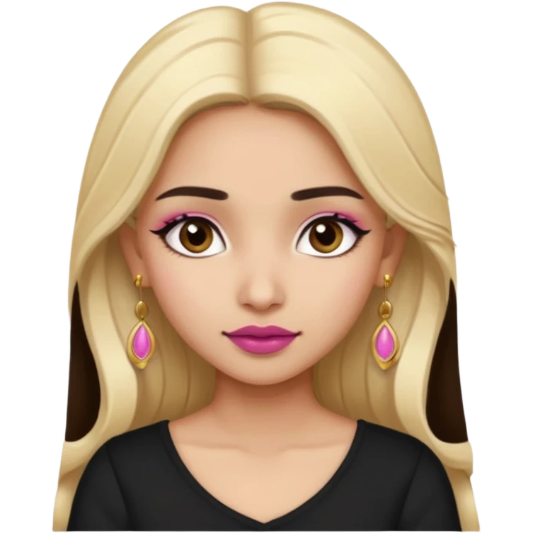 Sweet Indian girl blond long hair darkbrow  eyes brown/pink lipstick blush, black top gold earrings brown eyebrows  emoji