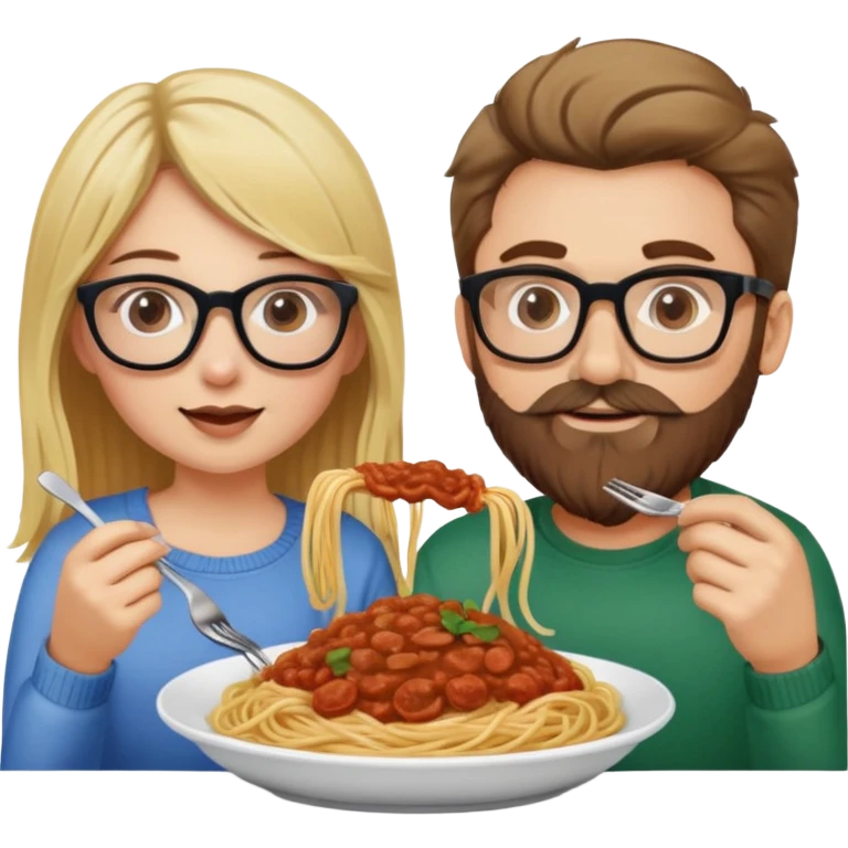 Blonde Caucasian girl eating spaghetti with Caucasian man with brown hair and beard wearing glasses emoji