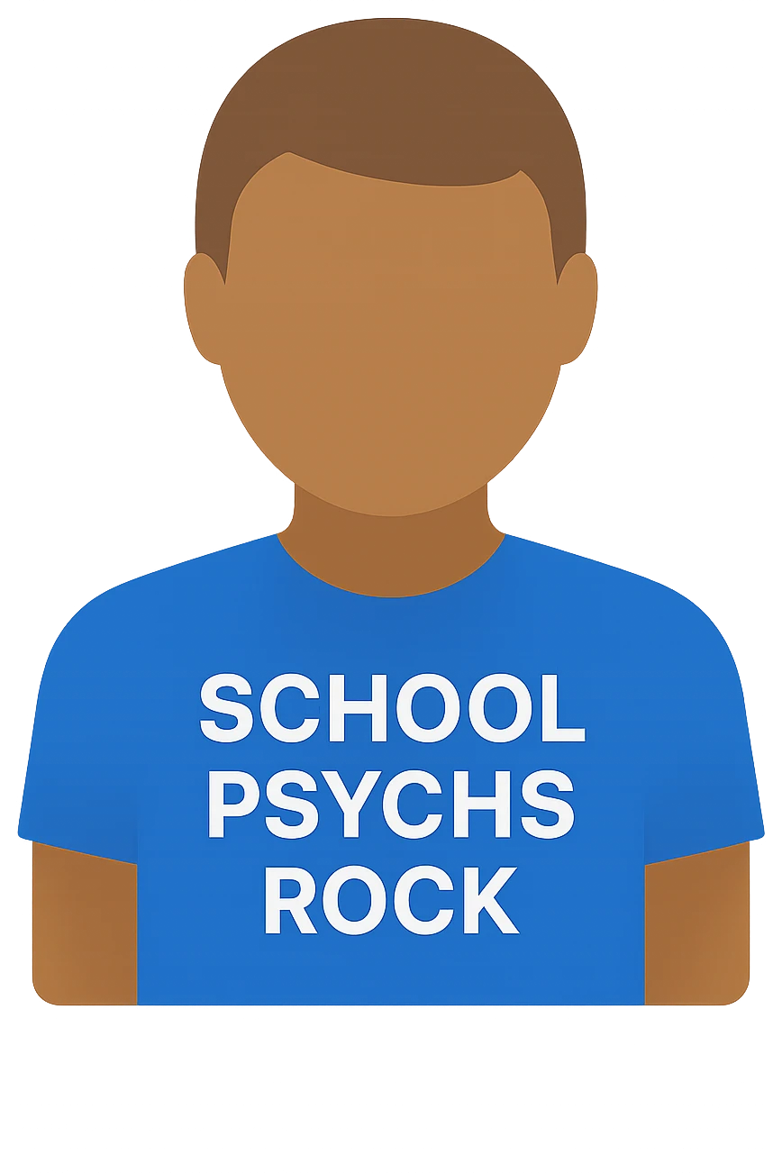 flat color icon of a person in a t-shirt with 'school psychs rock' written on it, clean lines, minimalistic, professional icon look emoji