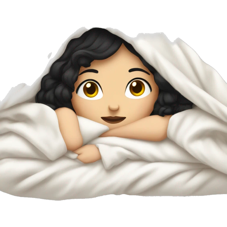 Pale Girl with black hair  laying down cozy in a white blanket emoji