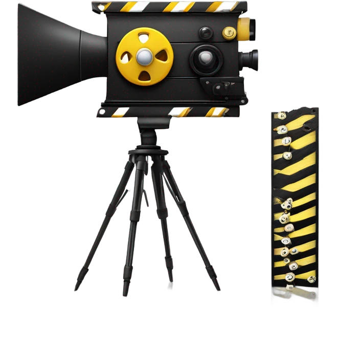 A black and yellow film reel, clapperboard, and movie camera. emoji