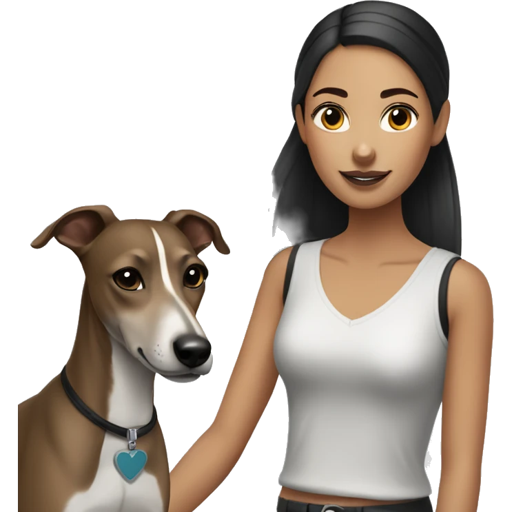 a girl with dark hair and a bun with a greyhound (whippet) dog breed next to her emoji