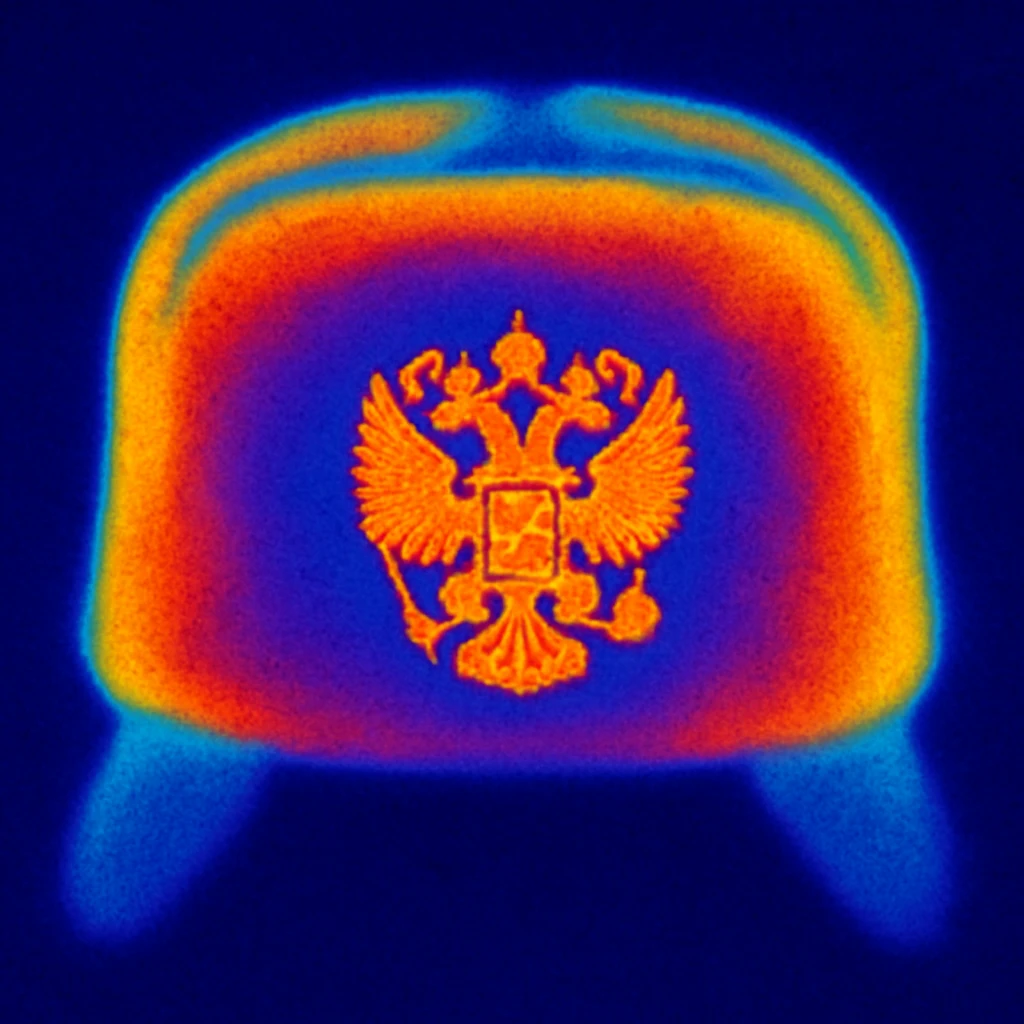 Russian hat ushank with the coat of arms of Russia, with background, thermal camera style emoji