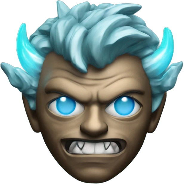 chrome demon with aquamarine lazer eyes and letter B on the face, 3d, portrait, black background emoji