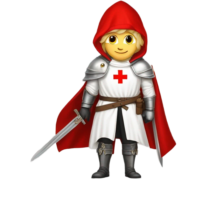 blond haired Masonic knight Templar wearing a white tunic with a Red Cross on the front and a white mantle with a hood with a Red Cross on the left side and a male face with a red cap and holding a sword. emoji