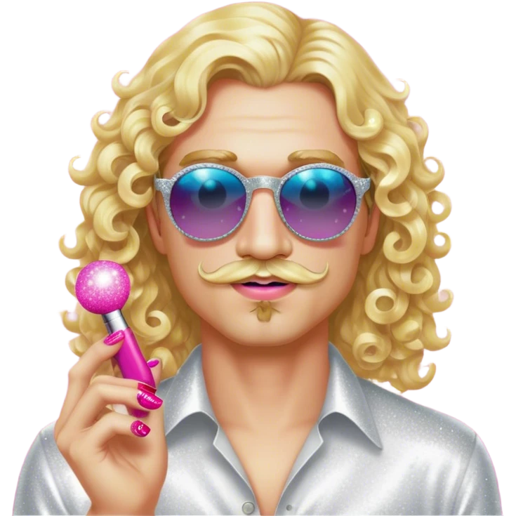 Man with long straight blonde hair, a curly blonde mustache, round sunglasses, add makeup and lipstick, make him look hot add sparkles and nail polish hot emoji