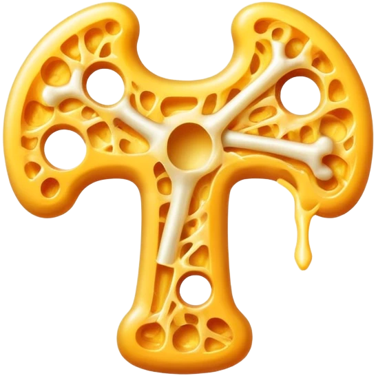 Glowing bone and vitamin K2 symbol with ethereal shredded cheese floating around them in a circular pattern. The cheese emits a soft golden light that flows toward the K2 and bone, creating a magical halo effect of bone-strengthening energy. emoji