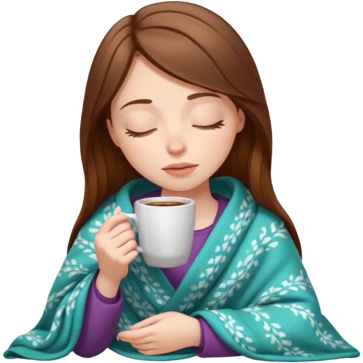 brown-haired white girl inside a blanket sipping coffee eyes closed emoji