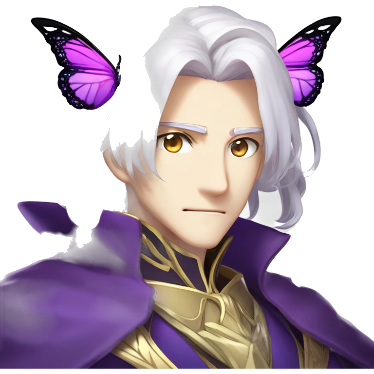 Oberon Voltigern in Fate/Grand Order has long white hair, glowing violet eyes, and translucent butterfly-like wings. He wears an elegant purple and gold coat, exuding a majestic and enigmatic presence fitting his role as the fairy king. emoji