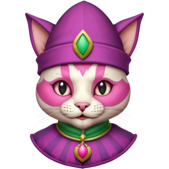 court jester cat medieval, single poker card joker clearly visible, pink, face only, round badge,  court jester cap emoji