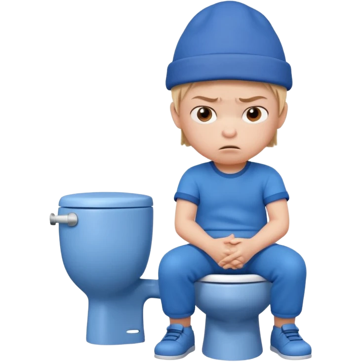 3D cartoon child character in blue outfit and blue hat, sitting on a toilet, looking angry with crossed arms, pastel background, preschool animation style." emoji