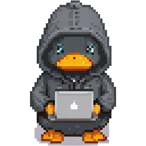black rubber duck with tiny hoodie and a laptop, hacker emoji