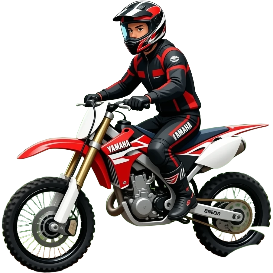 offroad Yamaha 690cc motorcycle red black & white with  man in helmet riding in bushy area emoji