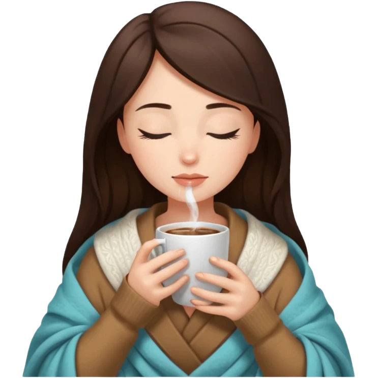 girl brunette inside a blanket sipping coffee eyes closed emoji