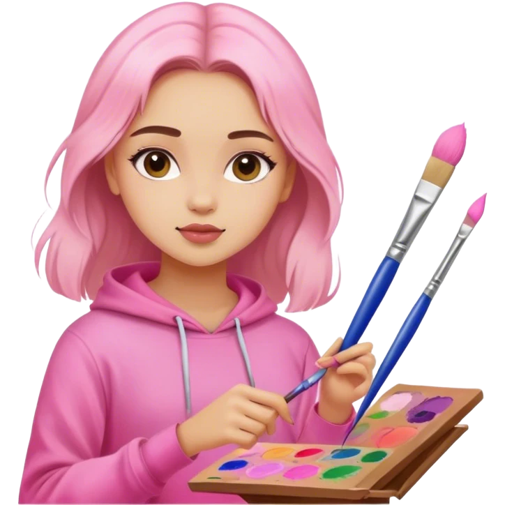 girl in pink clothes paints with brushes on canvas artist emoji