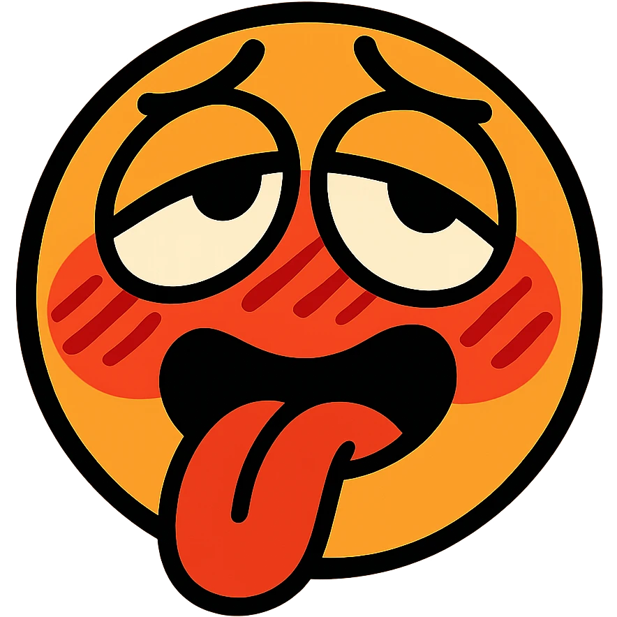 blushing face, eyes rolled up, tongue out, exaggerated blush marks, vibrant toon style emoji