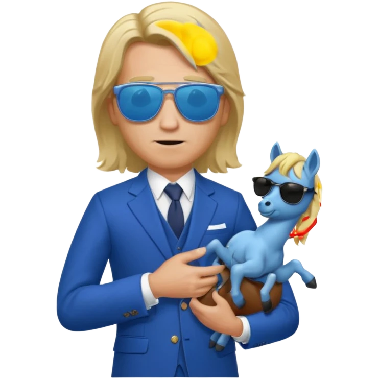 A blond man in a blue suit with a Colt pointing forward. The audience , and long hair and san glasses emoji