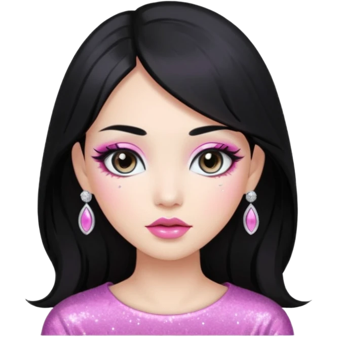 asian long black hair silver grey eyes glossy lips glittery white and pink eyeshadow girl emoji