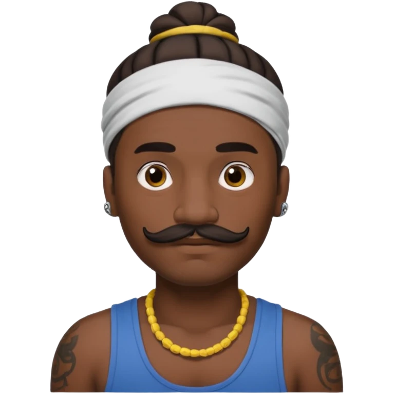 single bun hair man and mustache and face tattoos very heavy and headband emoji