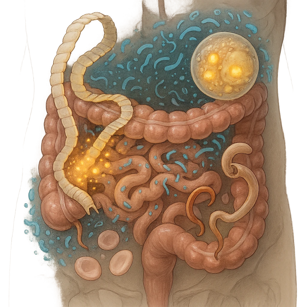 semi-realistic transparent abdomen focusing on the interaction and competition between tapeworms, blastocystis, and hookworms, with visual metaphors for nutrient theft, microbiome hijack, and anemia, medical illustration emoji