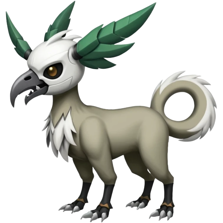 Shiny Black Grey White and Dark-Green Trico-Skarmory-Silvally-Skiddo-Sprigatito-Absol-fusion (full body) with and edgy white horned skull mask face emoji