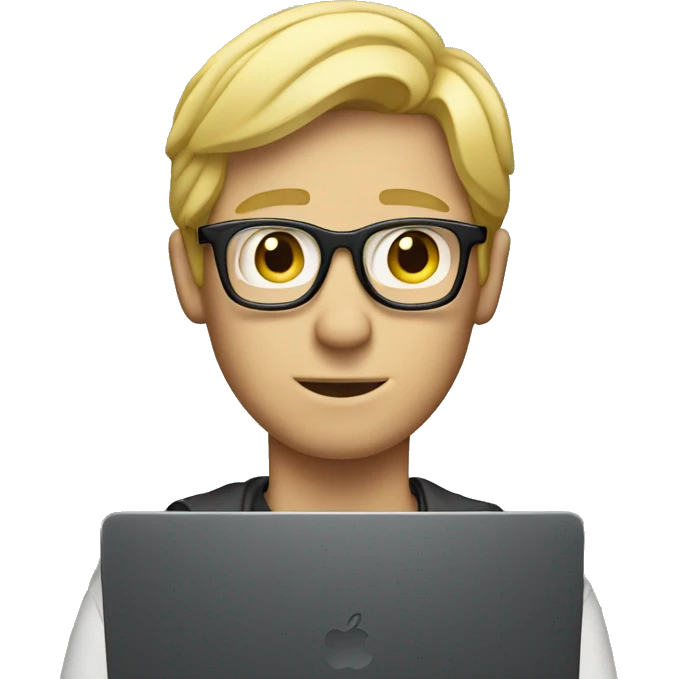 blonde male with glasses hiding behind mac laptop emoji