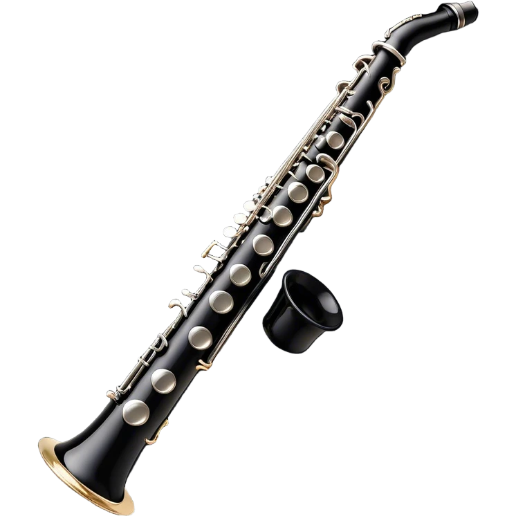 Create a sleek and professional emoji representing a black standard clarinet. The design should feature a smooth, glossy black body of the clarinet with shiny, silver keys clearly visible. Highlight the intricate details of the mouthpiece and reed at the top, while the body of the instrument should remain simple and elegant. Add subtle musical notes or soundwaves floating around the instrument to symbolize its clear, melodic sound. Use black for the body, silver for the keys, and soft lighting effects to give the instrument a polished, sophisticated look. The background should be transparent. emoji