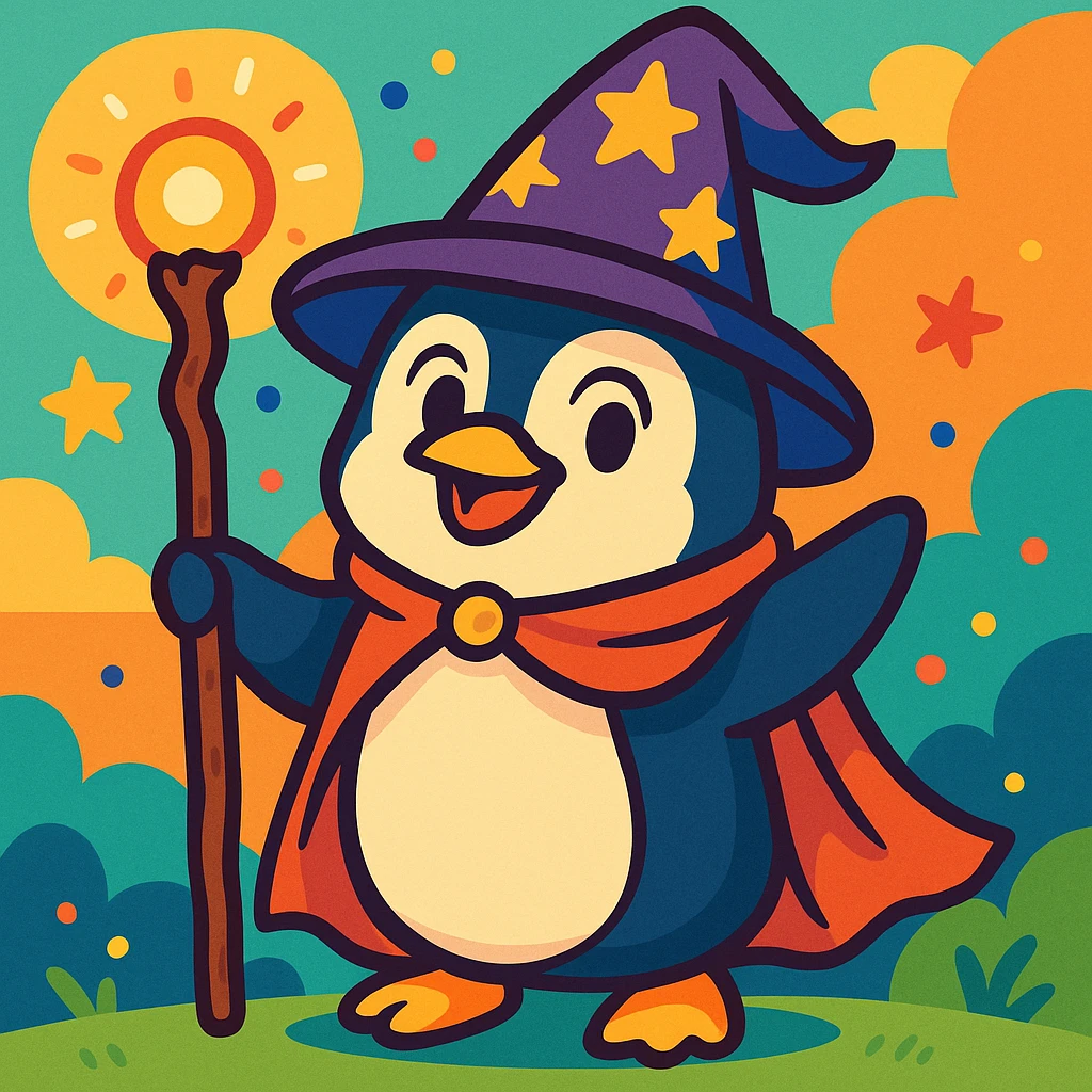 a penguin dressed as a wizard, with a pointy hat and a magic staff, in a fun and whimsical style, colorful vibrant toon illustration emoji