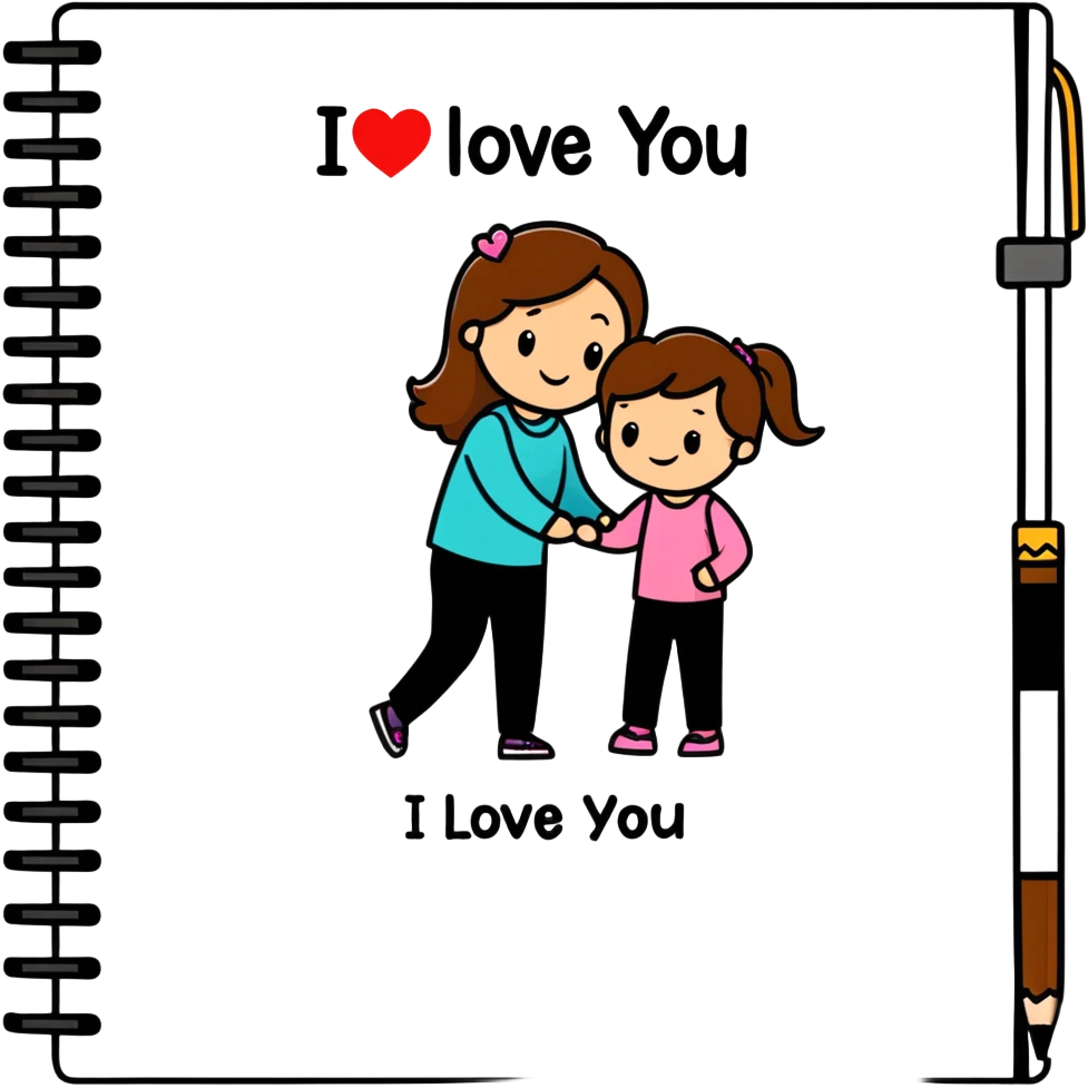 A piece of notebook paper with a drawing of mom and daughter stick figures both with brown hair and with a message that reads I love you Kimberly.  emoji