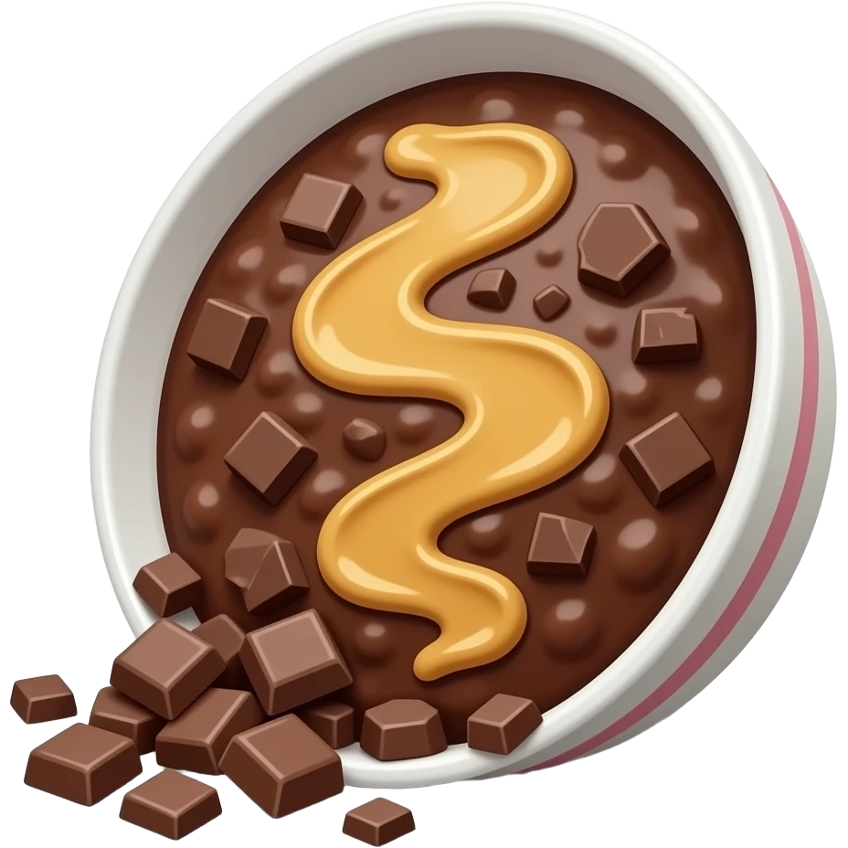 Crea un cuenco de gachas de chocolate con trozitos de chocolate por encimacon y crema de cacahuete esparcida en zigzag y el cuenco este de lado emoji