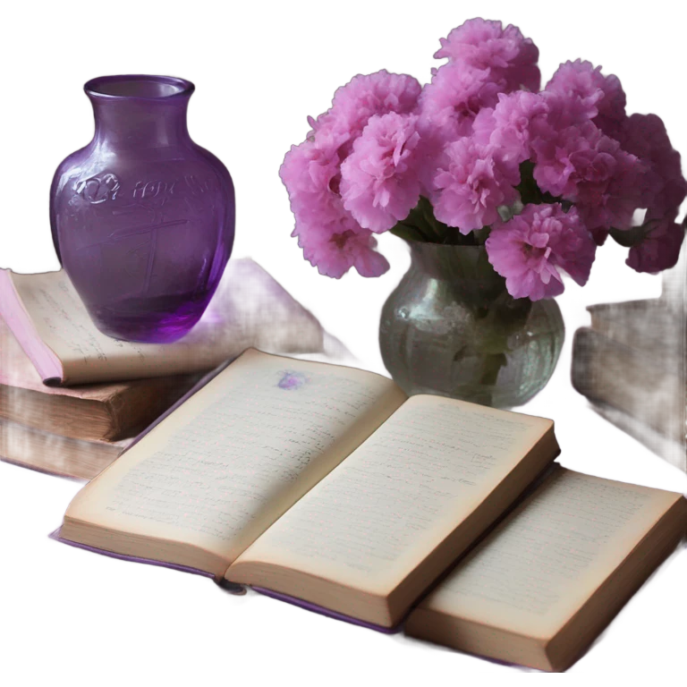 An aesthetic arrangement of a violet vintage book and pink flowers in a glass vase, surrounded by antique letters emoji