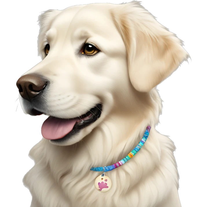 White golden retriever wearing a friendship bracelet emoji