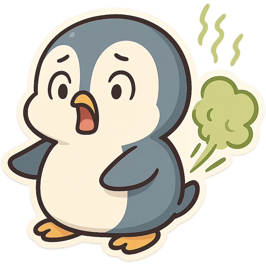 penguin with surprised face farting green gas and stink marks emoji