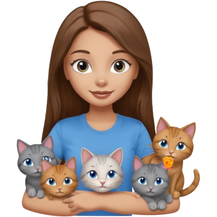 a pretty bratz dusky light skin girl with long brown hair, blue eyes with six cats nd wearing a grey tshirt emoji