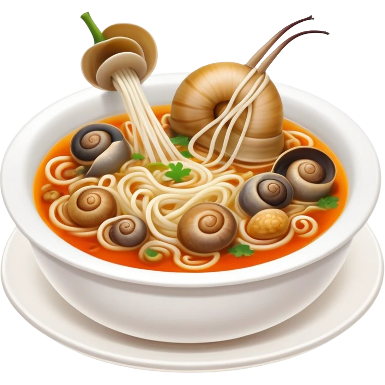 Liuzhou Snail Rice Noodles spicy soup with river snails, simplified emoji style with bold outlines and bright colors, cartoon style Guangxi specialty food emoji