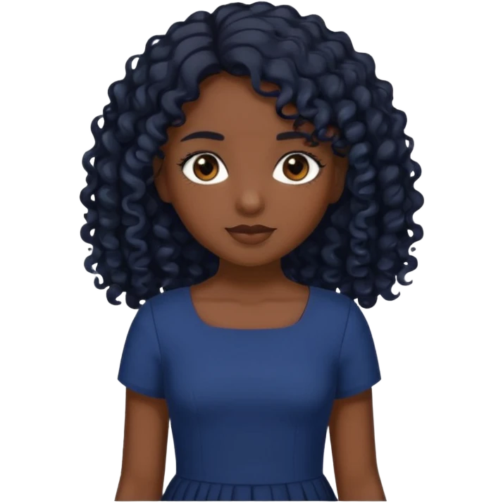 A girl with dark brown eyes Long curly black hair, slightly lighter than brownish black Navy blue dress emoji