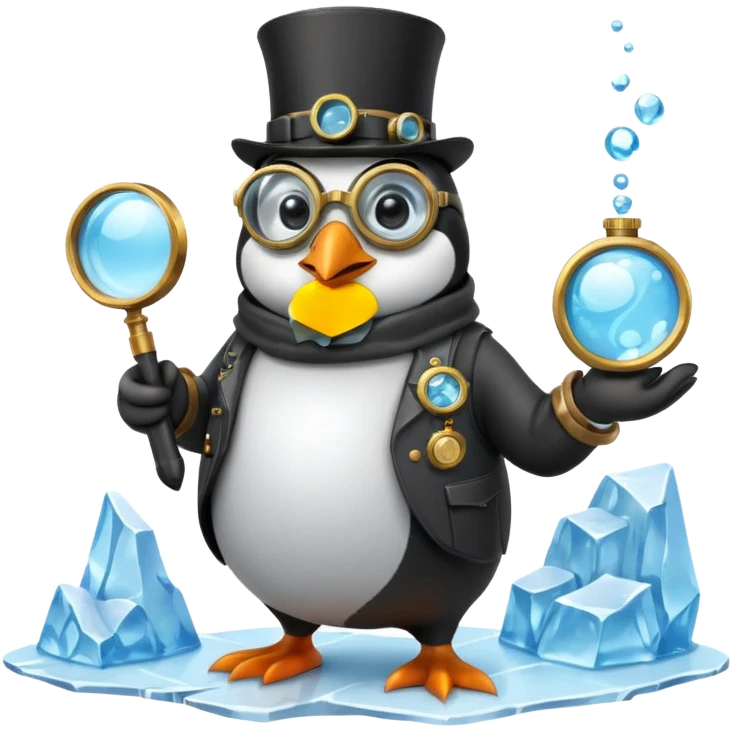 a steampunk engineer penguin analysing a matrix-like data stream descending from the sky, with a magnifying glass on top of an iceberg emoji