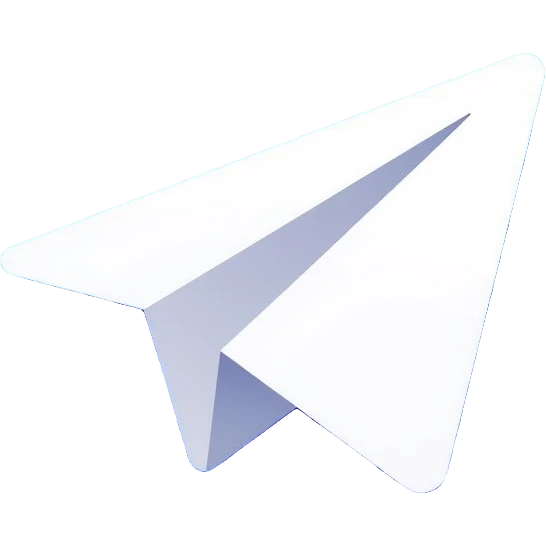 Telegram paper airplane logo in classic blue color, with neon glow lines, blue neon glow on top left, purple neon glow on bottom right emoji