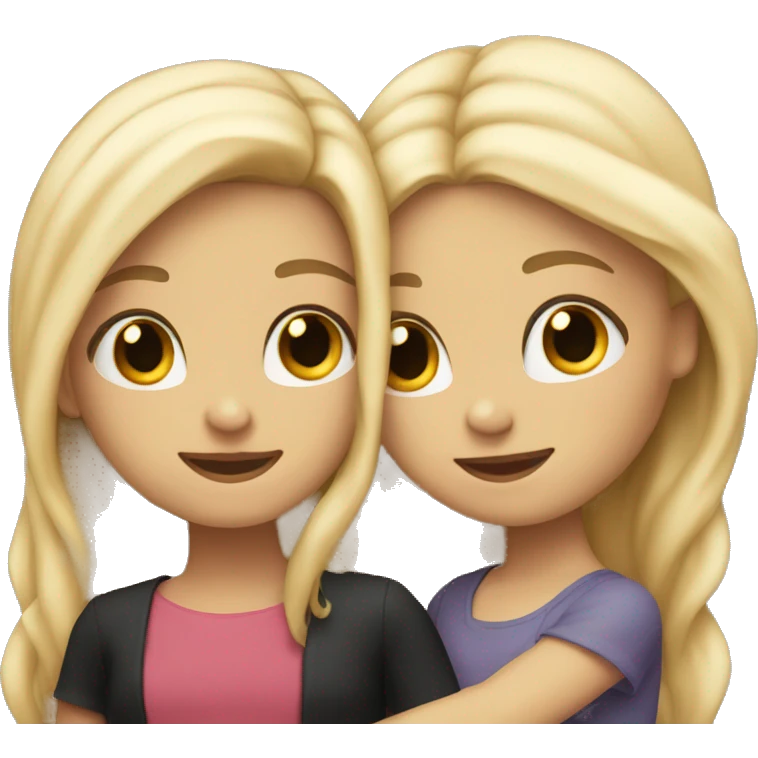 Two sisters hugging. One with long blonde hair and one with long black hair emoji