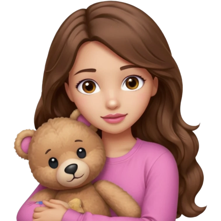 girl with long wavy brown hair, brown eyes, light to medium complexion, in a pink shirt, pink lips, long lashes, hugging a teddy bear emoji