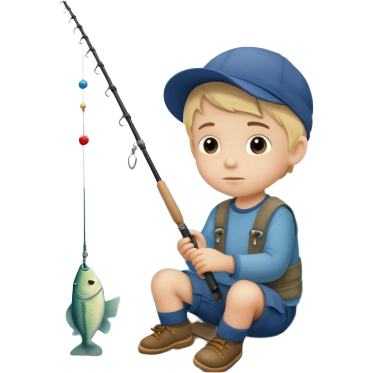 Little boy on the dock fishing, felt texture, scrapbooking, precious moments style character emoji