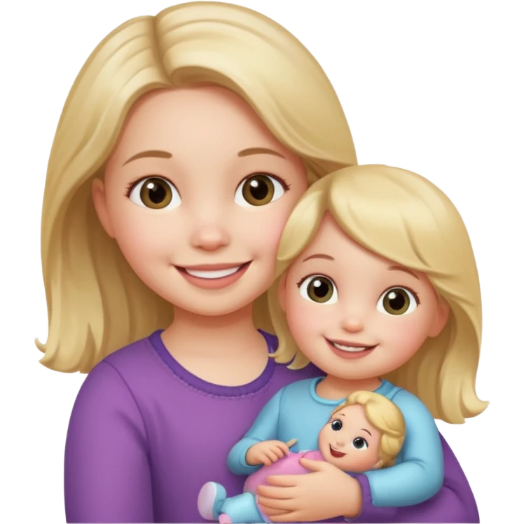 Toddler girl – holding a doll with a smile. emoji