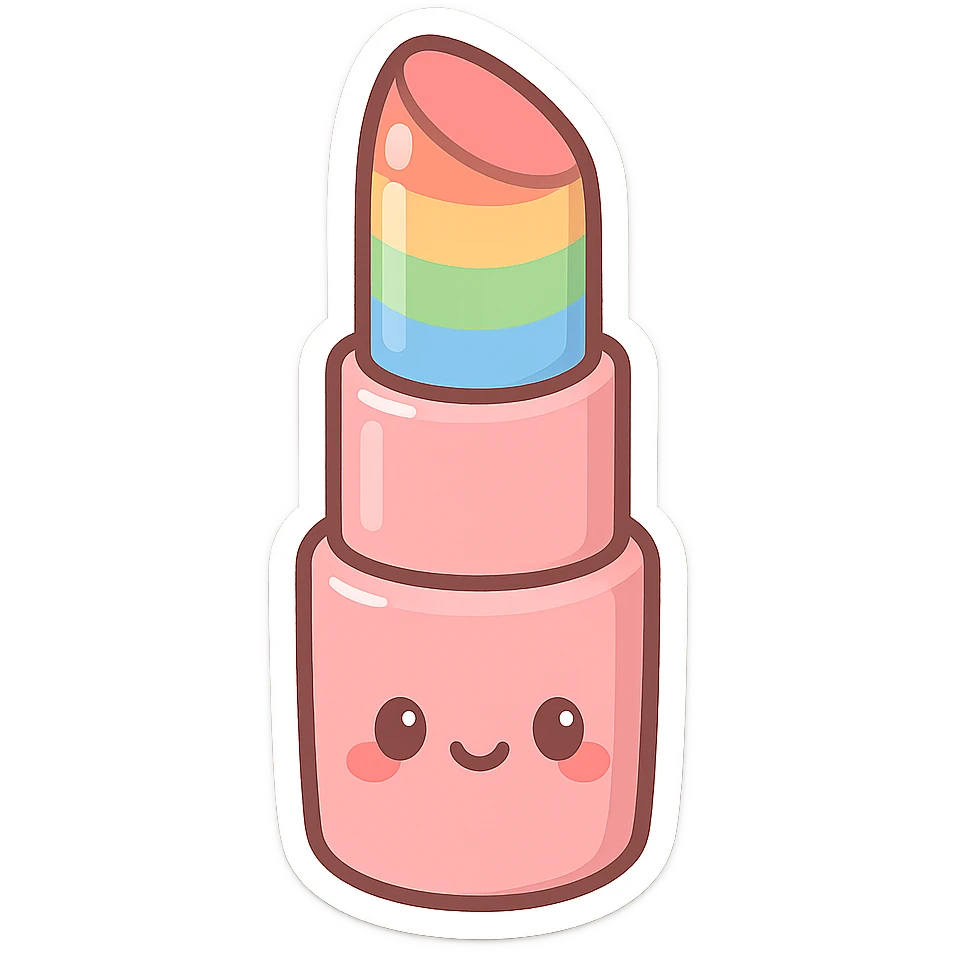 chibi sticker-style rainbow lipstick, cute and exaggerated emoji