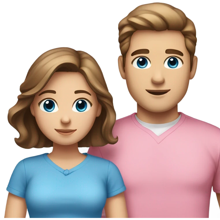 White young couple male has darker hair than female both have brown hair female has brown hair and long male has blue eyes and female has hazel eyes. Male is wearing blue shirt and female is wearing pink  emoji