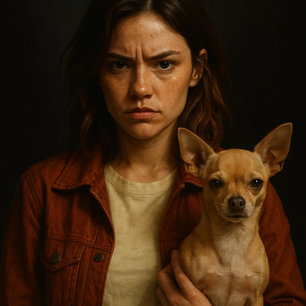 portrait in Netflix series style, woman with tanned skin, freckles, pale shirt color #FFF8CA, rust jacket, medium-length brown hair with auburn highlights, rebellious expression, beige-brown chihuahua, dark background, series poster style emoji