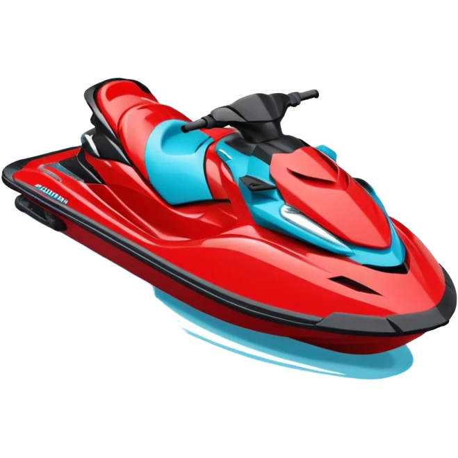 jet ski (red black and white all in the same amount. maybe a red a bit more dominant) on the sea. show the sea under the jet ski - blue with turquoise. no sky - white background instead. DO NOT REMOVE THE SEA AND THE WHITE WHEN FINALIZING!  emoji