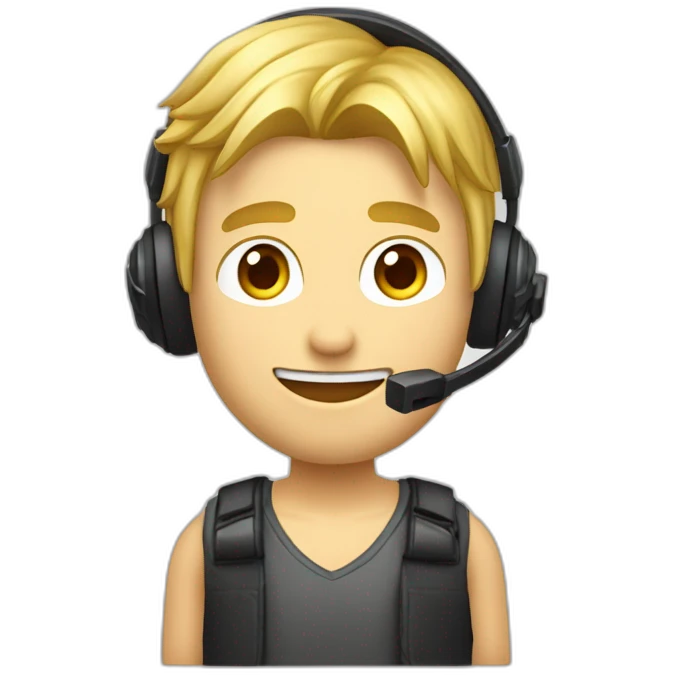 Homme blond, visage ovale, cheveux lisses avec un casque de gamer sur la tête, et des petits yeux emoji
