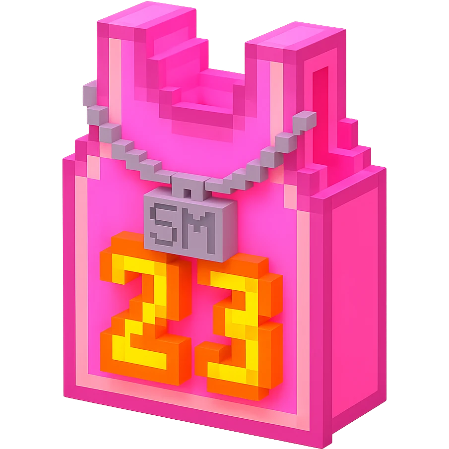 светящейся розовая баскетбольная майка с надписью "23" и серебряная цепь с надписью "SM", no background emoji